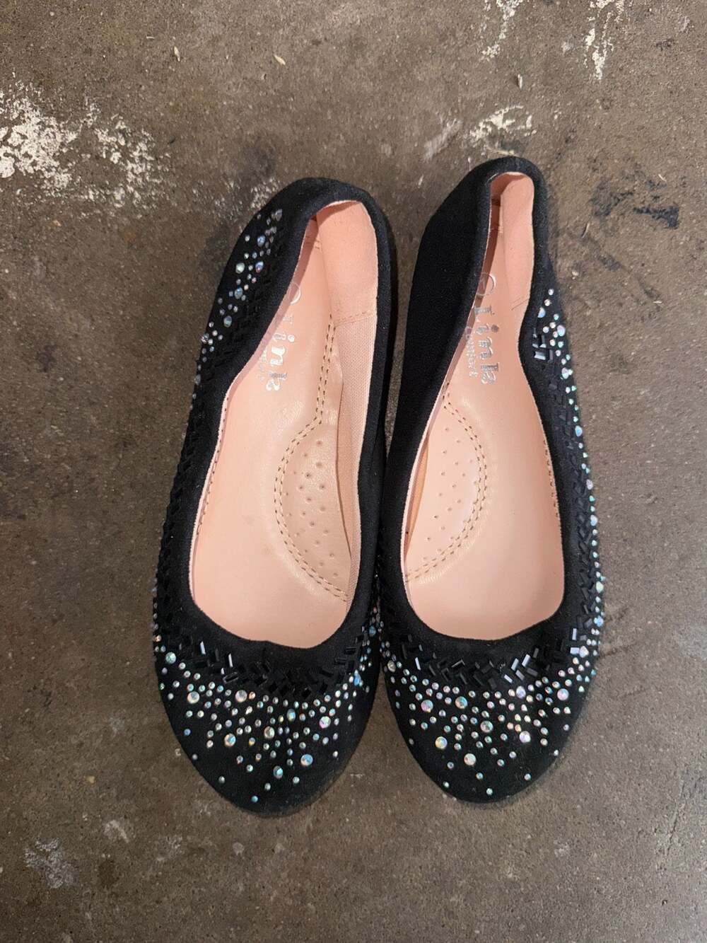 Link Comfort Black Suede Embellished Rhinestone Girls  Ballet Flats size 1